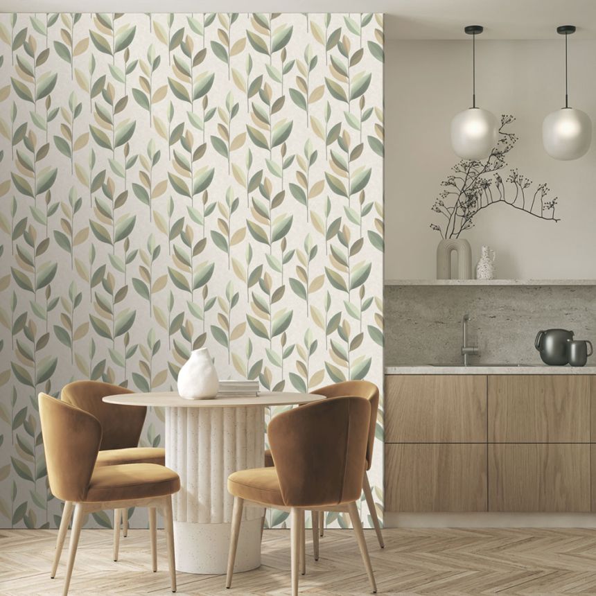 Vliesová tapeta na zeď, hnědá, zelená, listy, SY27552, Serenity, Decoprint