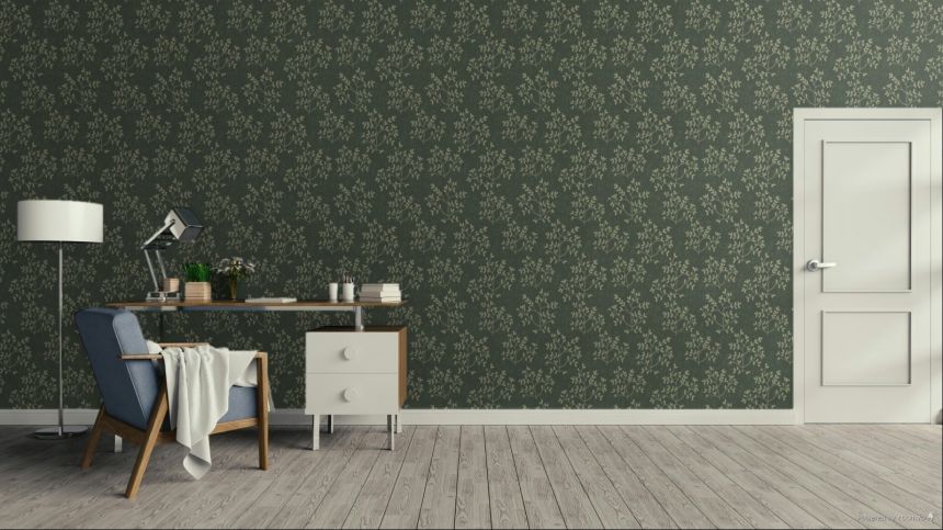 Vliesová tapeta na zeď, zelená, černá, větvičky, listy, AN28253, Antibes, Decoprint