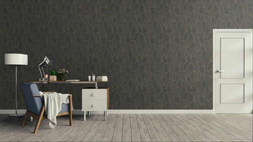 Vliesová tapeta na zeď, černá, zlatá, listy, puntíky, AN28263, Antibes, Decoprint