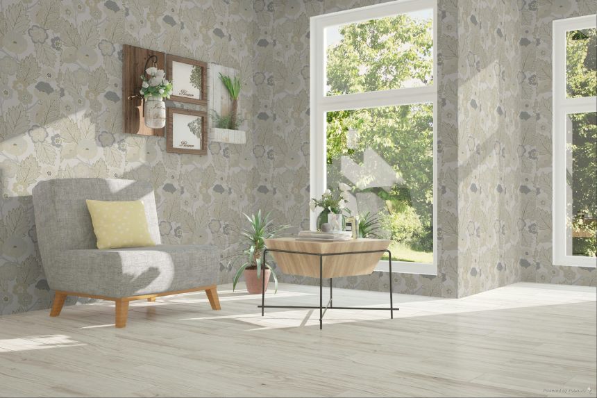 Vliesová tapeta na zeď, krémová, šedá, květy, AN28270, Antibes, Decoprint