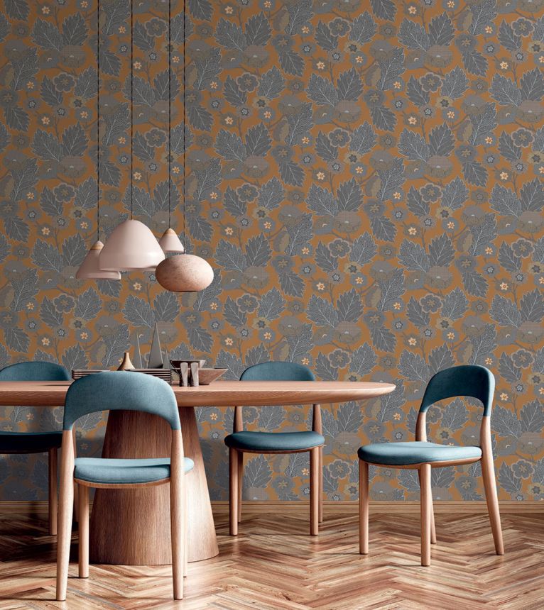 Vliesová tapeta na zeď, oranžová, šedá, květy, listy, AN28272, Antibes, Decoprint
