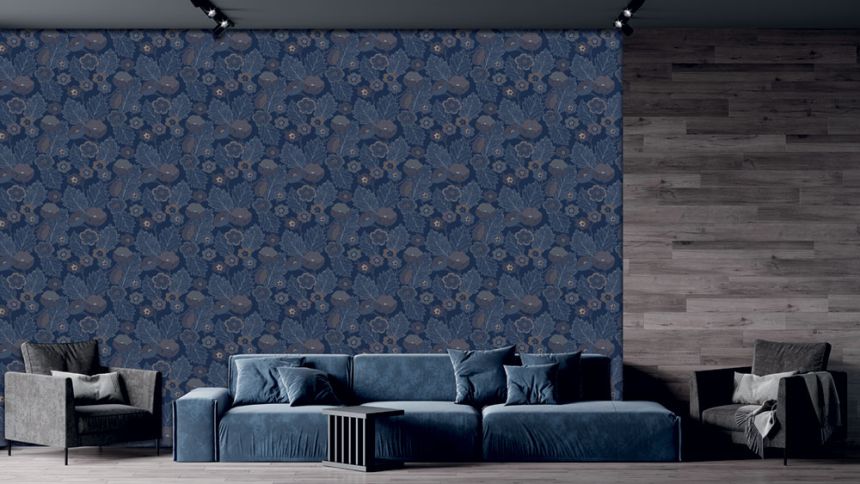 Vliesová tapeta na zeď, modrá, žlutá, květy, listy, AN28273, Antibes, Decoprint
