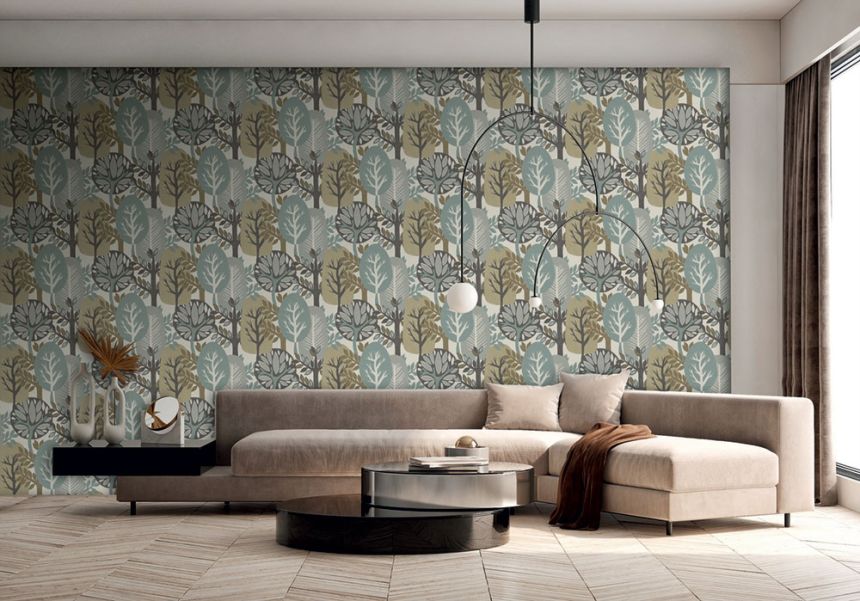 Vliesová tapeta na zeď, šedá, modrá, stromy, listy, AN28281, Antibes, Decoprint