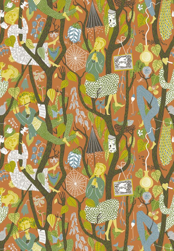 Vliesová tapeta na zeď, oranžová, postavy, stromy, 1755, Scandinavian Designers, Borastapeter
