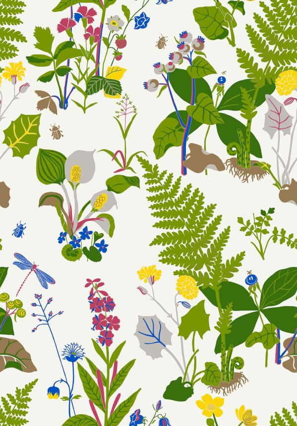 Vliesová tapeta na zeď, zelená, červená, luční květiny, kapradiny, 1788, Scandinavian Designers, Borastapeter