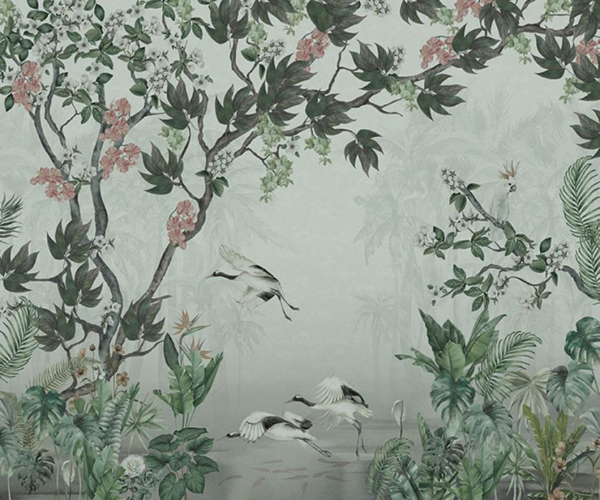 Vliesová obrazová tapeta na zeď, šedá, růžová, orchideje, jeřábi, 30196, The New Bombay Design Edition, Marburg