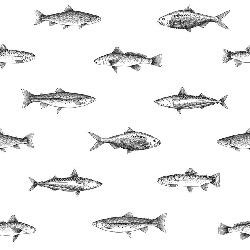 Bílá vliesová tapeta s černými rybami 138967, Black & White, Esta