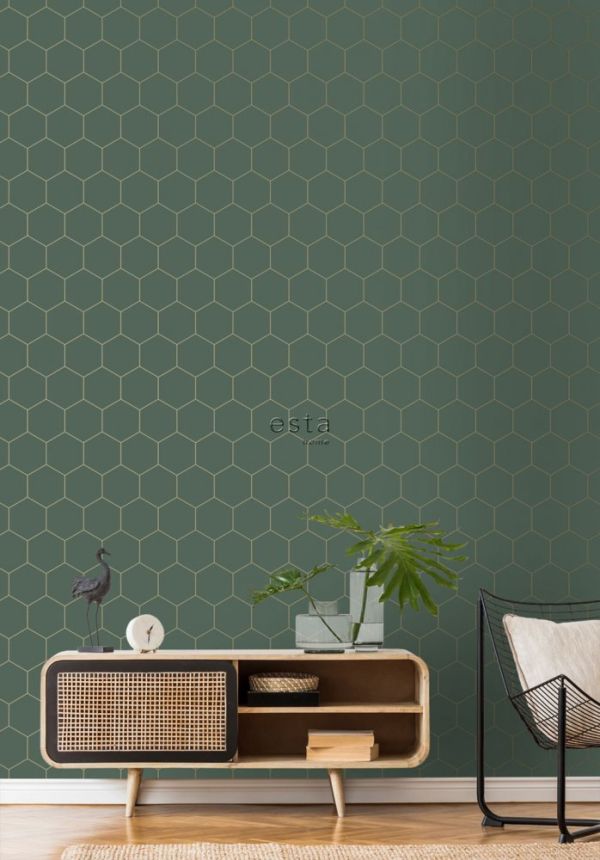 Tmavě zelená vliesová tapeta, vzor hexagony 139228, Art Deco, Esta