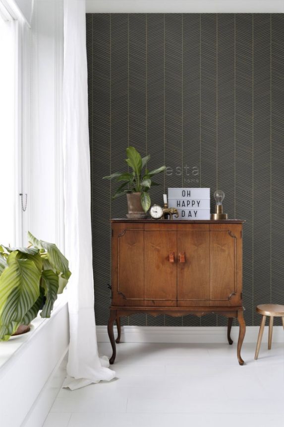 Černo-zlatá vliesová tapeta proužky, pruhy 139136, Black & White, Art Deco, Esta