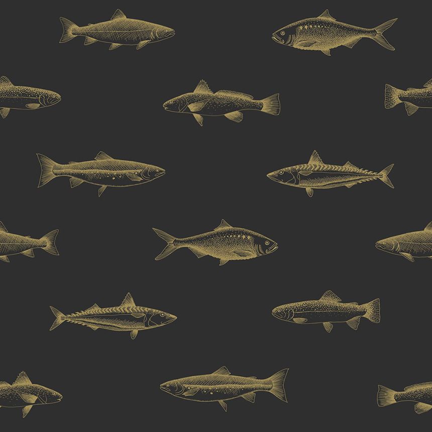 Černá vliesová tapeta se zlatými rybami 139124, Black & White, Esta