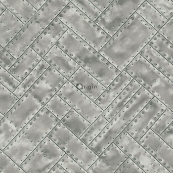 Vliesová tapeta, imitace šedostříbrných kovových desek s nýty 337243, Matières - Metal, Origin