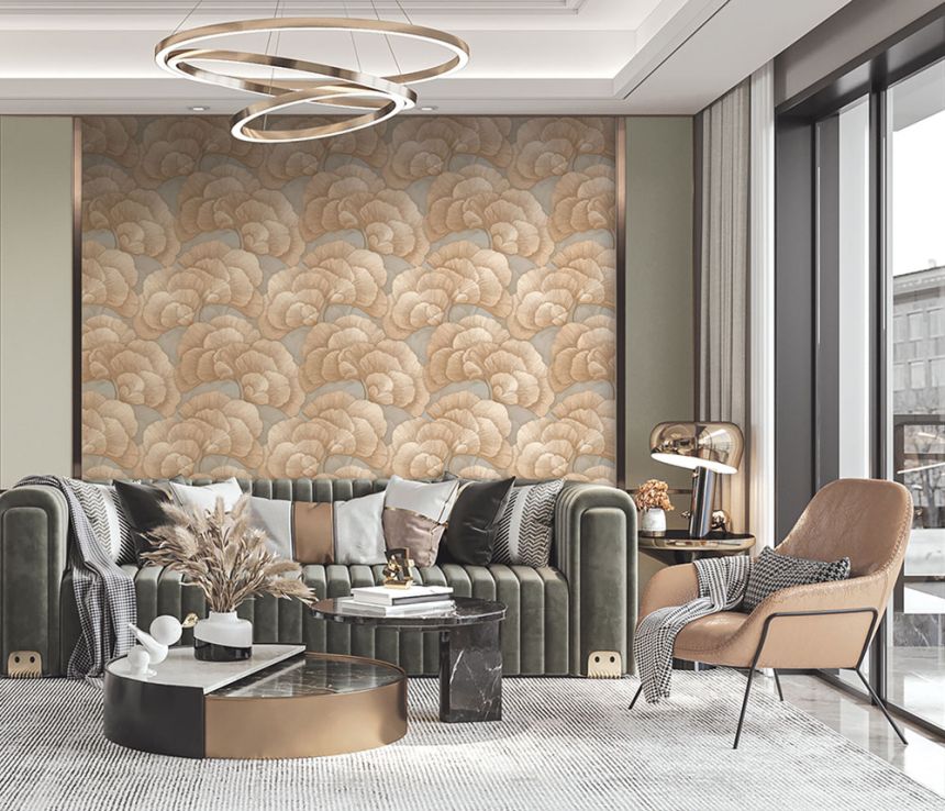 Vliesová tapeta na zeď, šedo-bežová, zlatá, listy Gingka, RE521014, Renaissance, Design Id  R