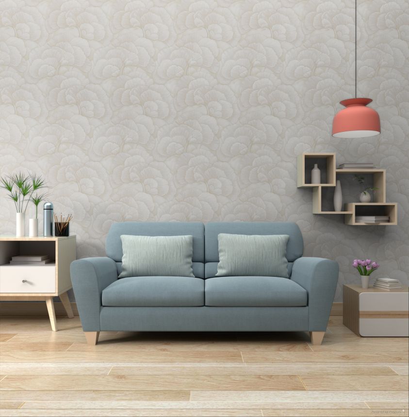 Vliesová tapeta na zeď, světle béžovo-šedá, stříbrná, listy Gingka, RE521011, Renaissance, Design Id