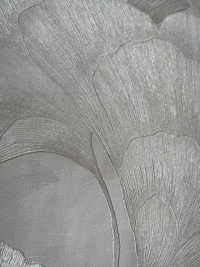 Vliesová tapeta na zeď, světle béžovo-šedá, stříbrná, listy Gingka, RE521011, Renaissance, Design Id