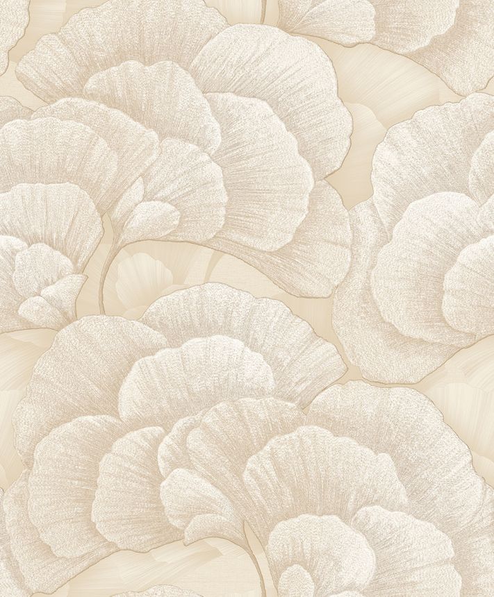 Vliesová tapeta na zeď, světle béžová, zlatá, listy Gingka, RE521012, Renaissance, Design Id