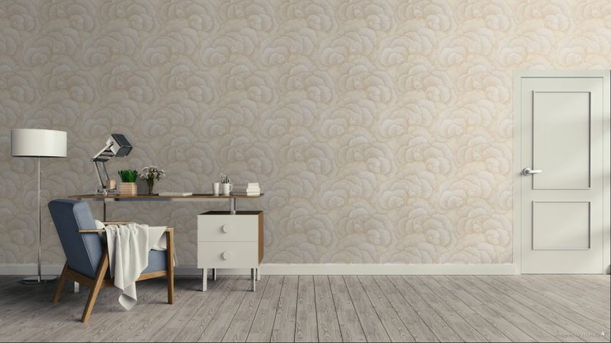 Vliesová tapeta na zeď, světle béžová, zlatá, listy Gingka, RE521012, Renaissance, Design Id