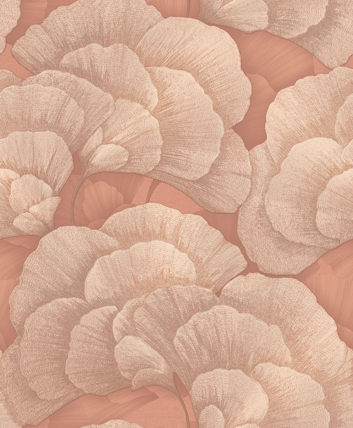 Vliesová tapeta na zeď, lososová, zlatá, listy Gingka, RE521016, Renaissance, Design Id