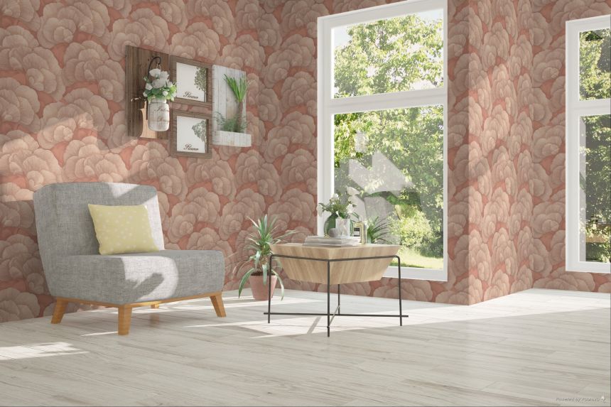 Vliesová tapeta na zeď, lososová, zlatá, listy Gingka, RE521016, Renaissance, Design Id