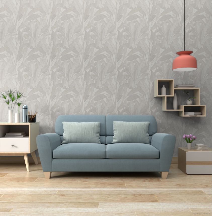 Vliesová tapeta na zeď, bílá, šedo-stříbrná, listy, RE521051, Renaissance, Design Id