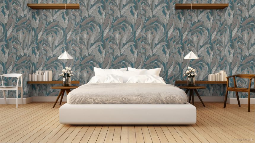 Vliesová tapeta na zeď, petrolejová, šedá, listy, RE521056, Renaissance, Design Id