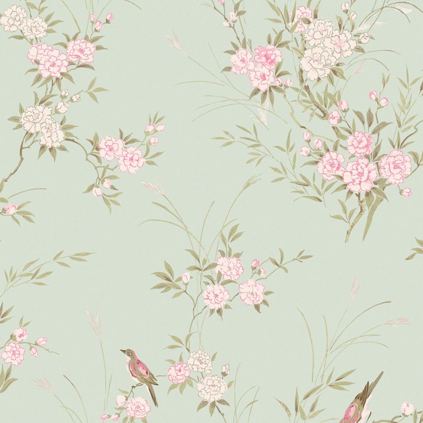 Vliesová tapeta na zeď, zelená, květiny, ptáčci, 125120, Shabby Chic, Rachel Ashwell  ROZBALENO