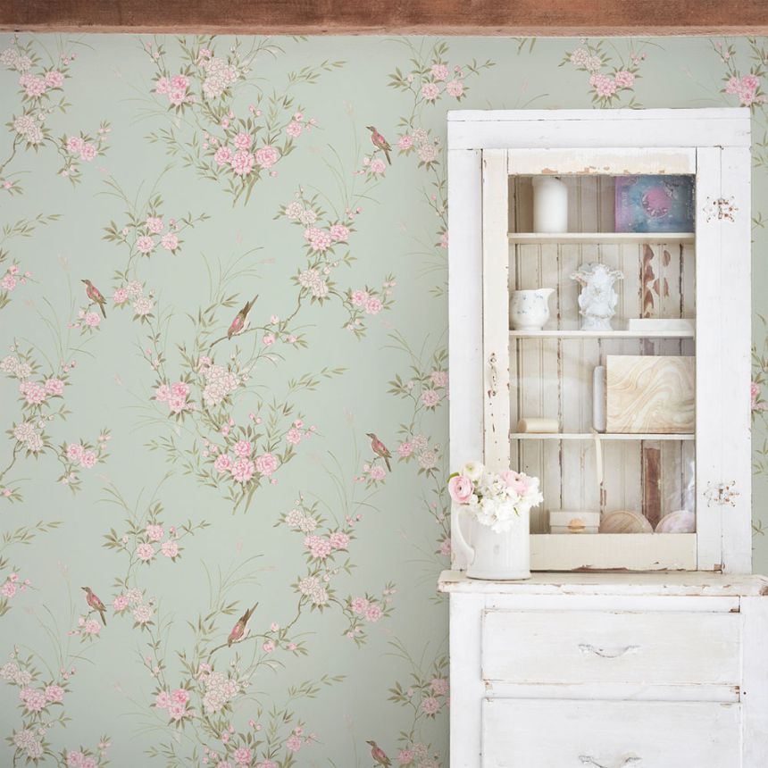 Vliesová tapeta na zeď, zelená, květiny, ptáčci, 125120, Shabby Chic, Rachel Ashwell  ROZBALENO