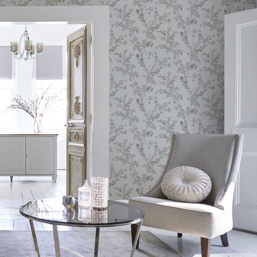 Vliesová tapeta na zeď, šedá, větvičky zlatého deště, 113349, Laura Ashley Signature   ROZBALENO