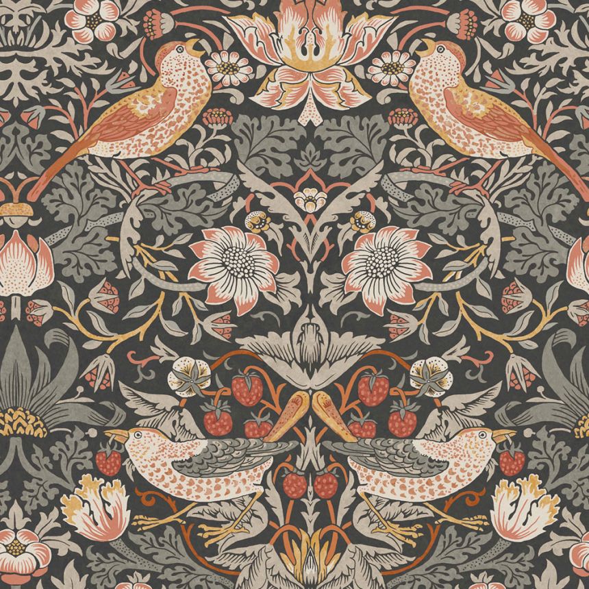 Vliesová tapeta na zeď, šedo-černá, květiny, ptáci, 124230, William Morris at Home   ROZBALENO