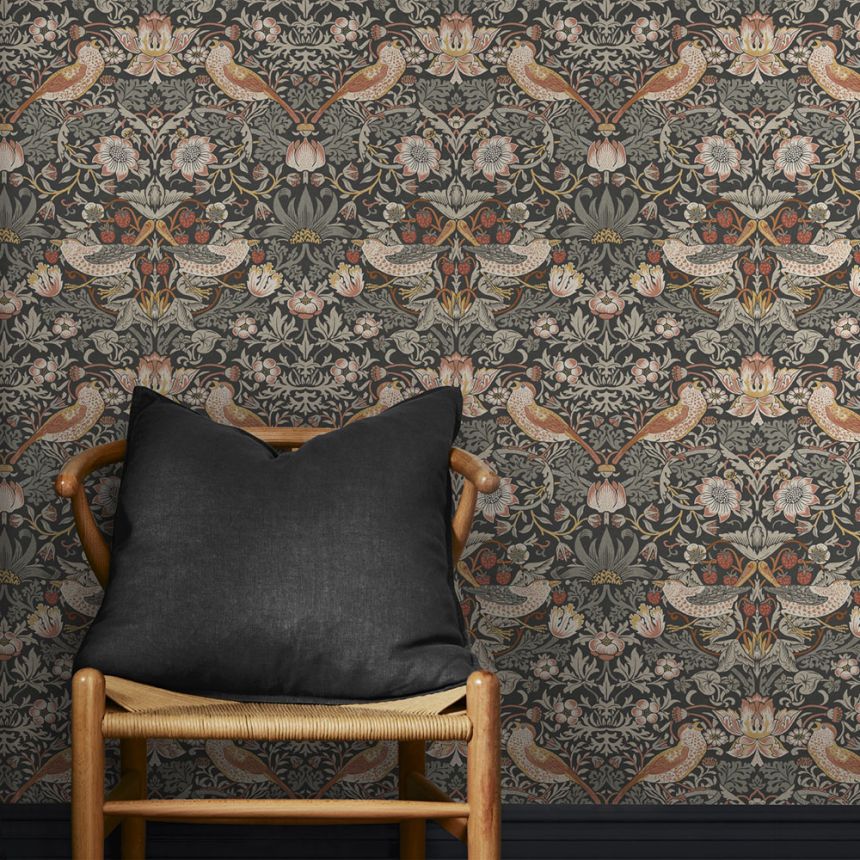 Vliesová tapeta na zeď, šedo-černá, květiny, ptáci, 124230, William Morris at Home   ROZBALENO
