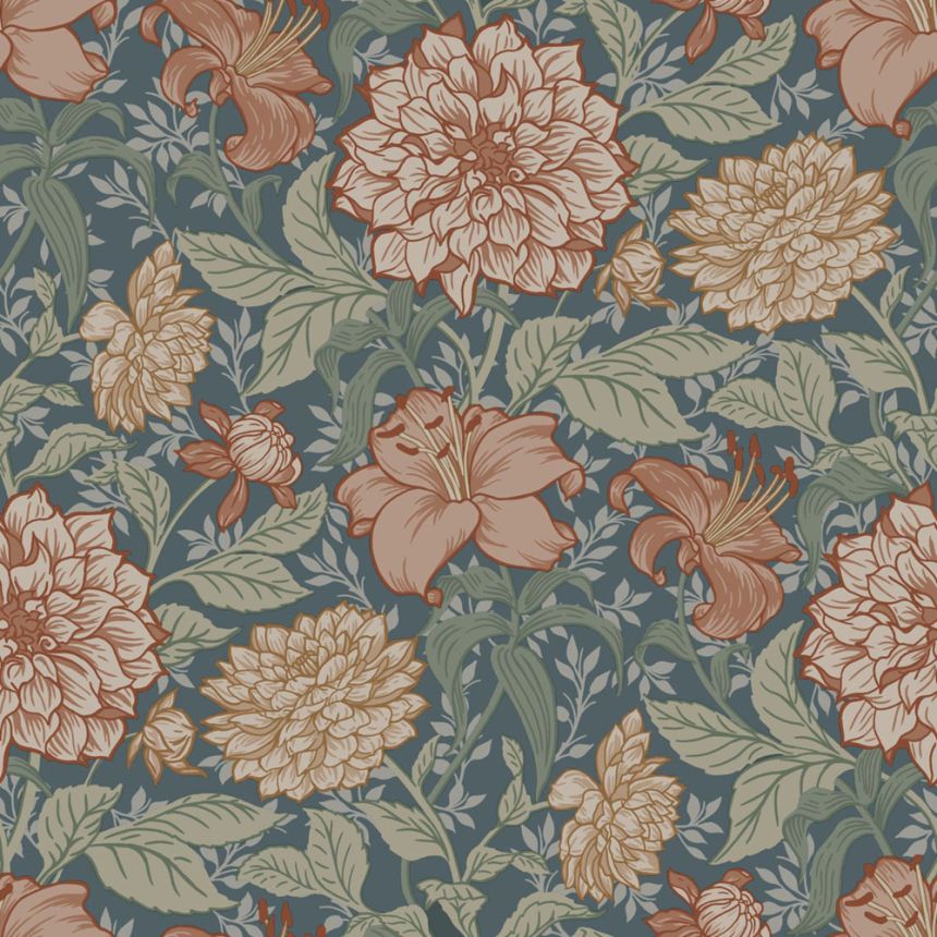 Tapeta s květinami, modrá, zelená, 139642, Floral Fever, Esta Home