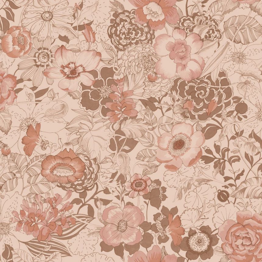 Tapeta s květinami, růžovo-hnědá (terakotová), růžová, 139766, Floral Fever, Esta Home