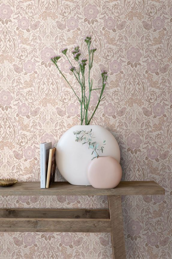 Tapeta s květinami a ptáky, béžová, 139829, Floral Fever, Esta Home