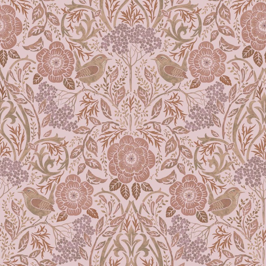 Tapeta s květinami a ptáky, růžová, 139830, Floral Fever, Esta Home