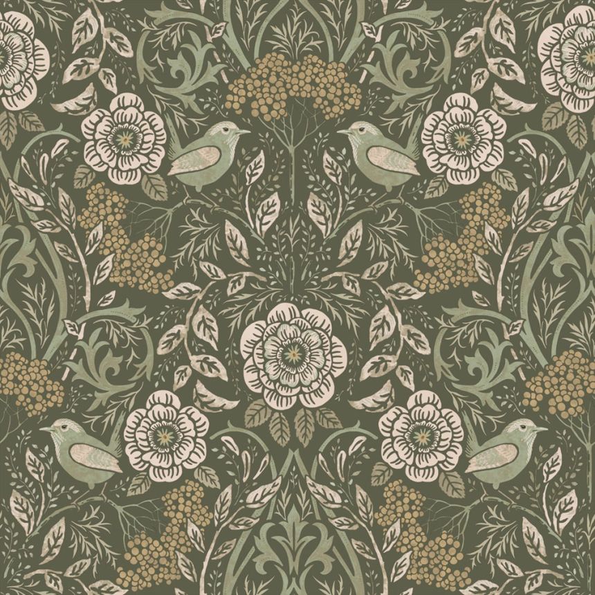 Tapeta s květinami a ptáky, zelená, 139831, Floral Fever, Esta Home