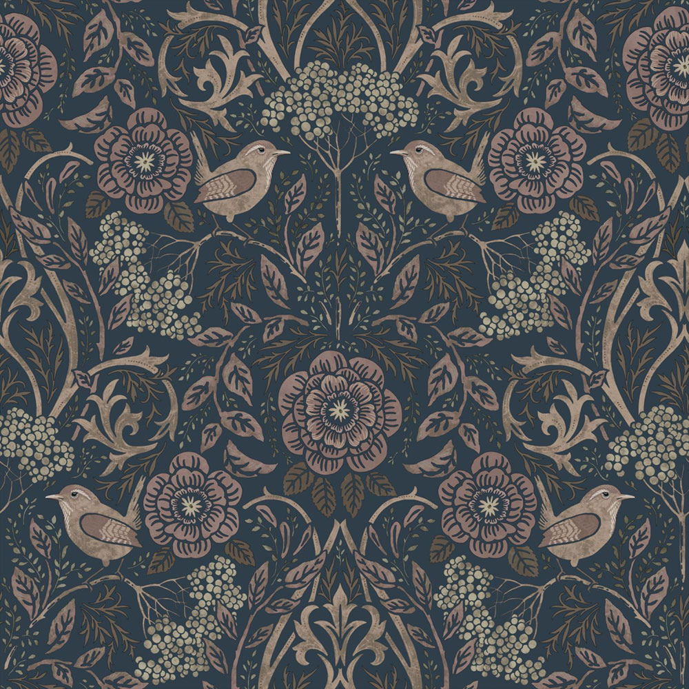 Tapeta s květinami a ptáky, modrá, starorůžová, 139832, Floral Fever, Esta Home