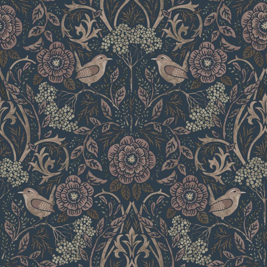 Tapeta s květinami a ptáky, modrá, starorůžová, 139832, Floral Fever, Esta Home