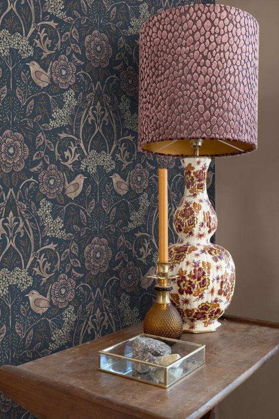 Tapeta s květinami a ptáky, modrá, starorůžová, 139832, Floral Fever, Esta Home
