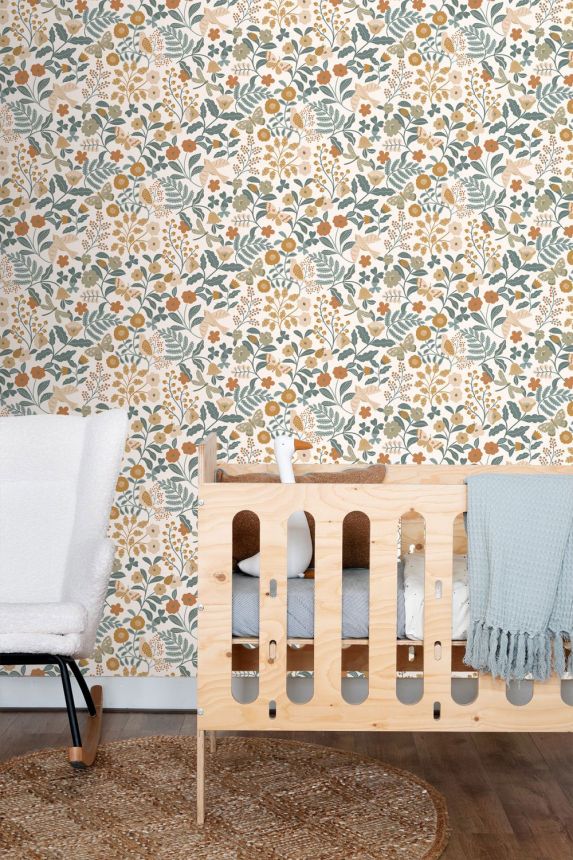 Tapeta s květinami, ptáčky a motýly, šedo-modrá, hnědo-žlutá, 139865, Floral Fever, Esta Home