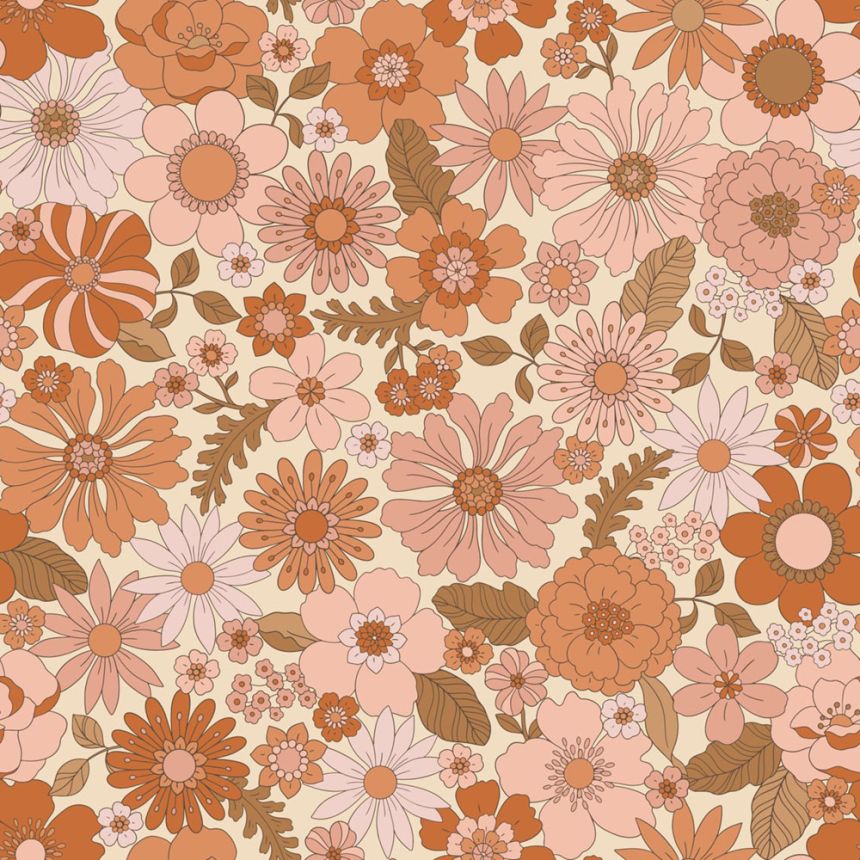 Tapeta s retro květinovým vzorem, béžová, oranžová, 130962, Floral Fever, Esta Home