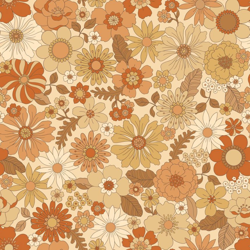 Tapeta s retro květinovým vzorem, žlutá, oranžová, 130963, Floral Fever, Esta Home