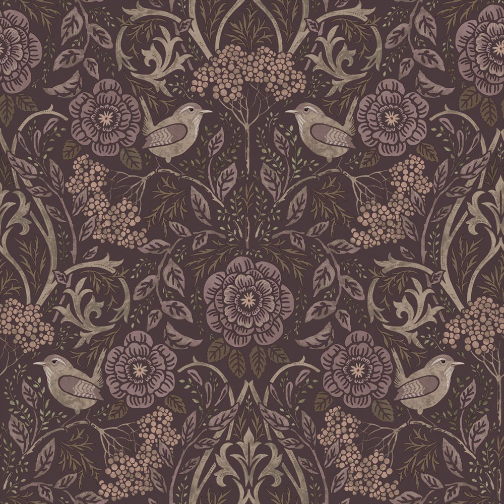 Tapeta s květinami a ptáky, purpurová fialová, 131208, Floral Fever, Esta Home