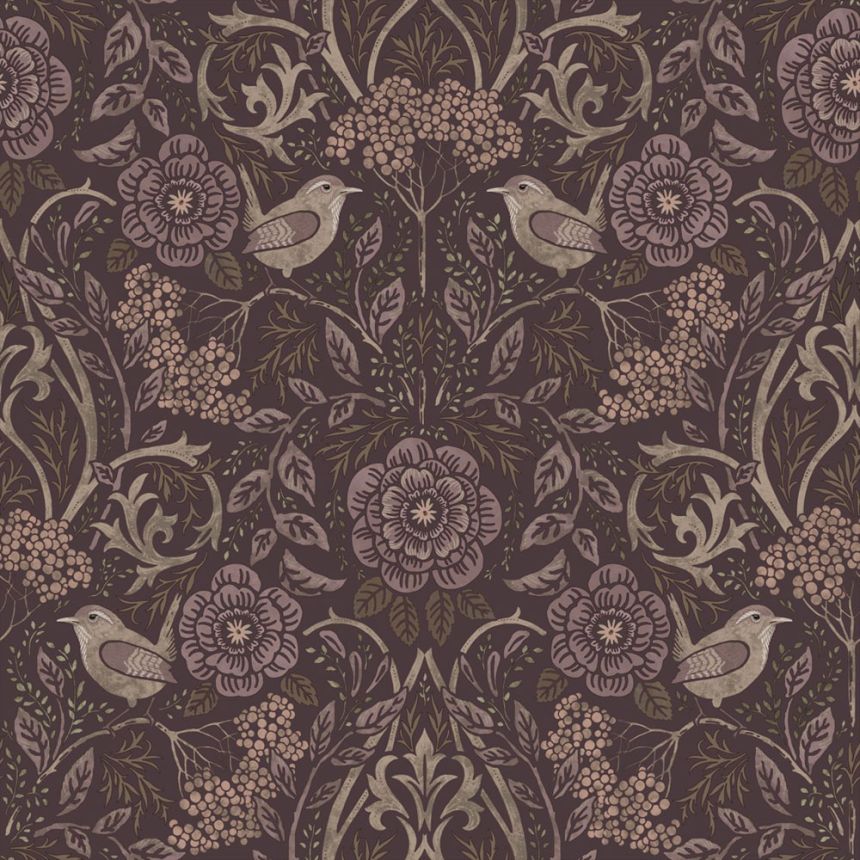 Tapeta s květinami a ptáky, purpurová fialová, 131208, Floral Fever, Esta Home