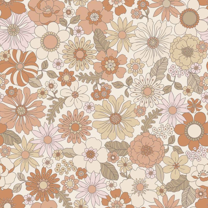 Tapeta s retro květinovým vzorem, krémová, růžovo-hnědá, 131247, Floral Fever, Esta Home