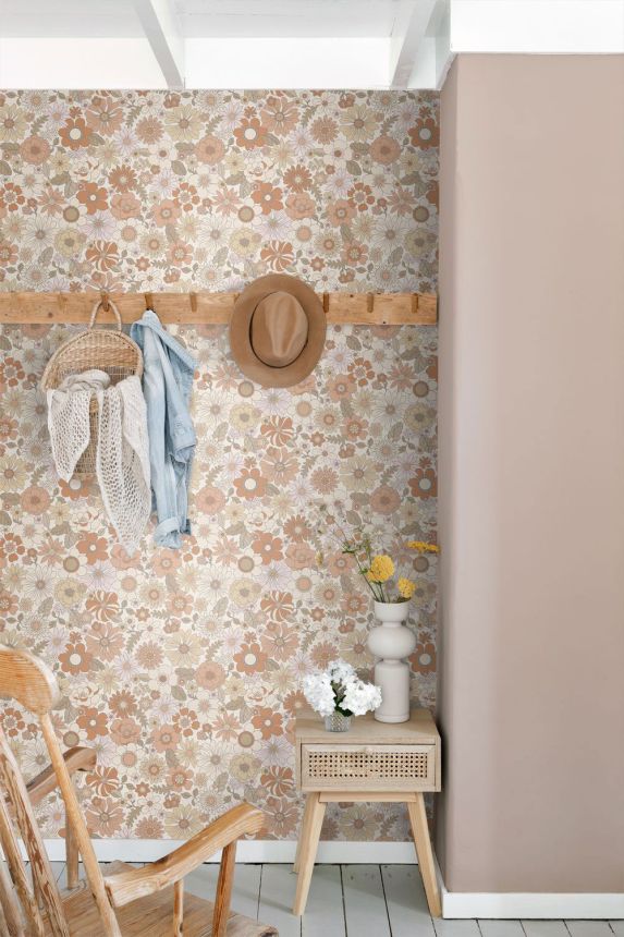 Tapeta s retro květinovým vzorem, krémová, růžovo-hnědá, 131247, Floral Fever, Esta Home