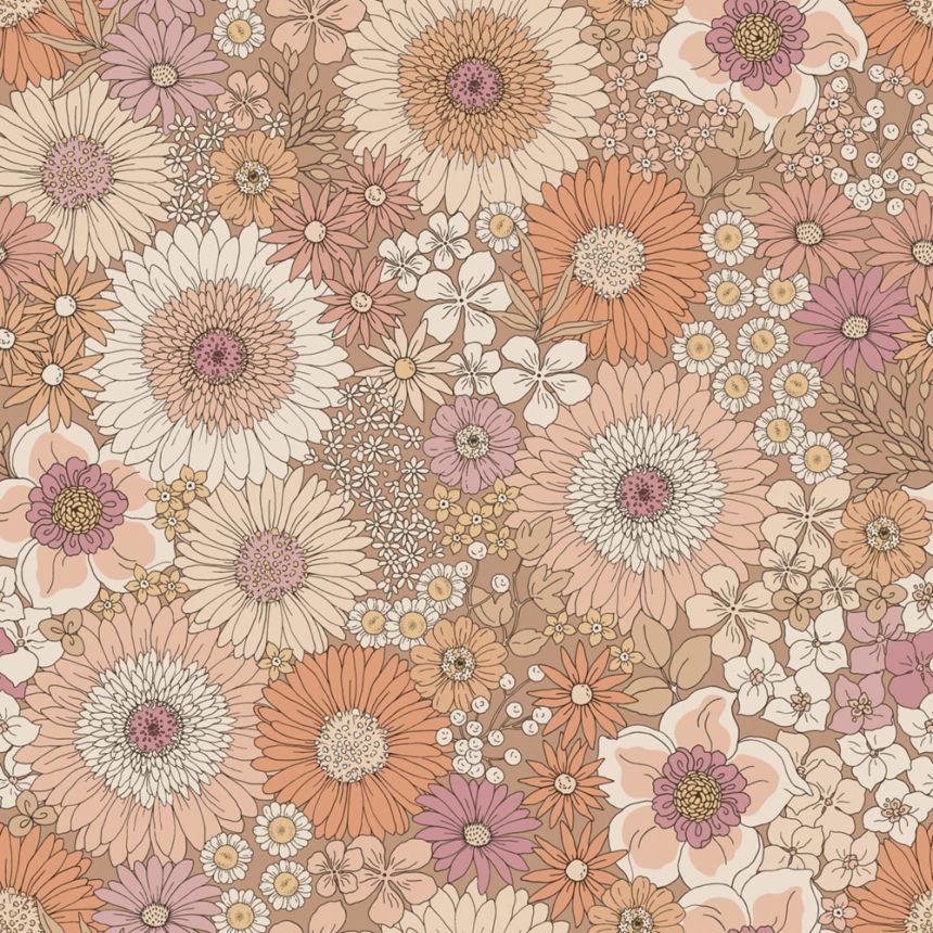 Retro tapeta s květinami, růžovo-hnědá (terakotová), 131314, Floral Fever, Esta Home