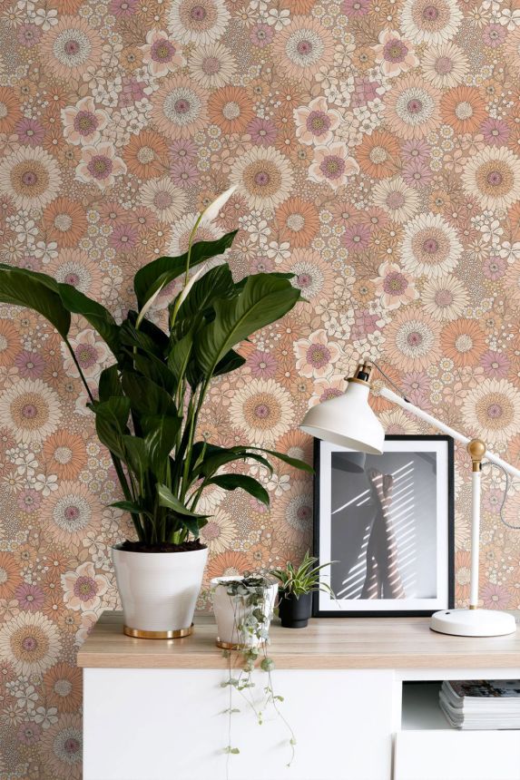 Retro tapeta s květinami, růžovo-hnědá (terakotová), 131314, Floral Fever, Esta Home