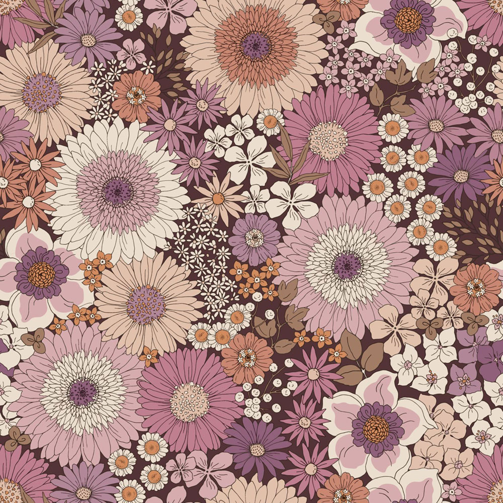 Retro tapeta s květinami, fialová / purpurová, 131319, Floral Fever, Esta Home