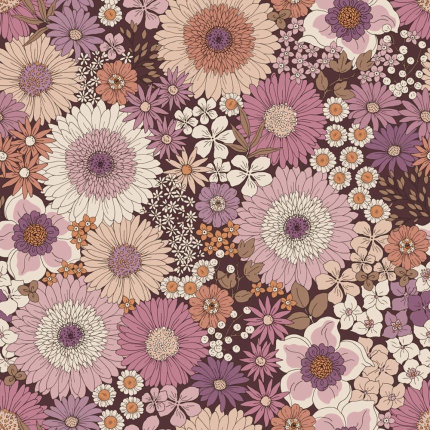 Retro tapeta s květinami, fialová / purpurová, 131319, Floral Fever, Esta Home