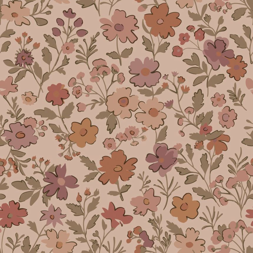 Dětská tapeta s květinami, růžová, béžovo-šedá (Taupe), 131321, Floral Fever, Esta Home