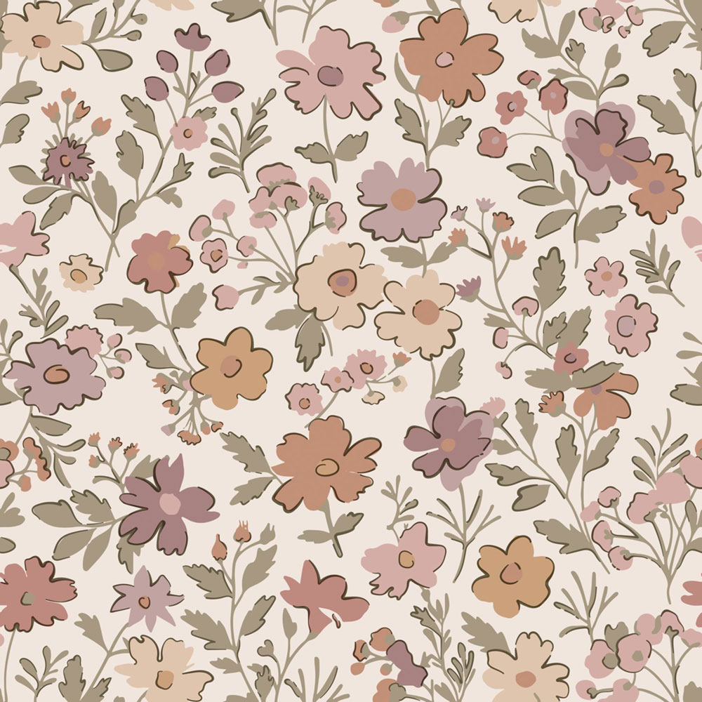 Dětská tapeta s květinami, fialová, šedo-zelená, 131328, Floral Fever, Esta Home